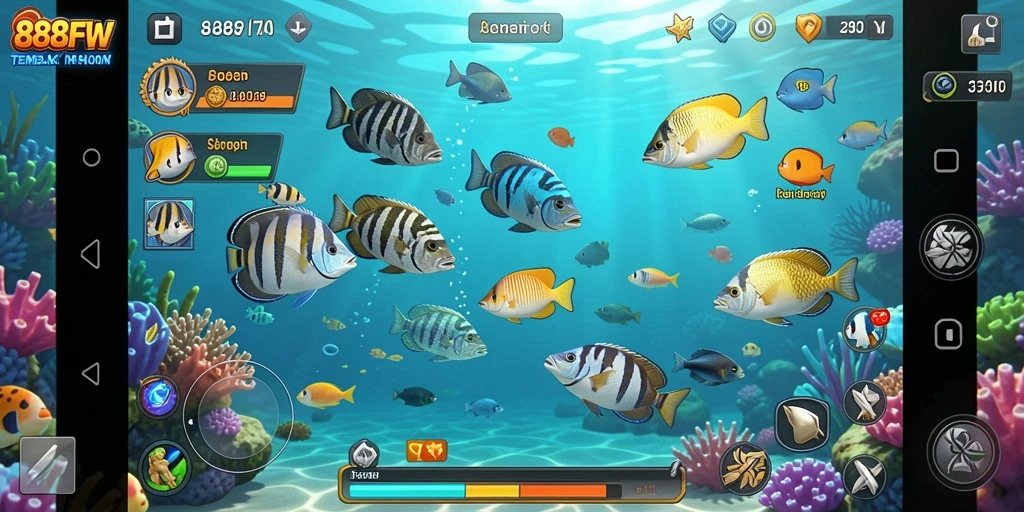 Screenshot gameplay 888FW menampilkan aksi seru saat menembak ikan.