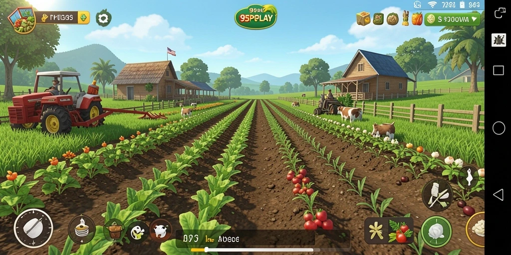 Screenshot gameplay 95PGPLAY menampilkan kebun yang subur dan hewan yang bahagia.