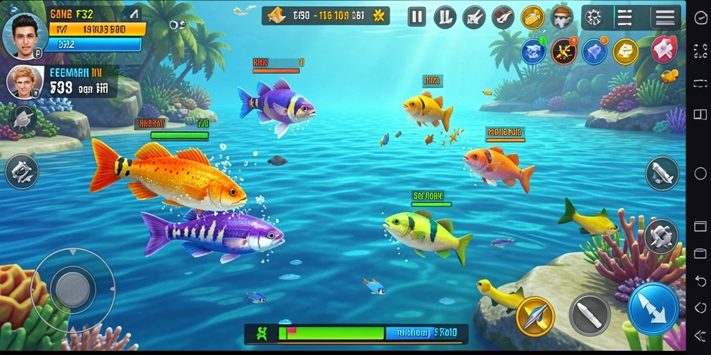 Screenshot gameplay F32 menampilkan aksi menembak ikan yang seru.