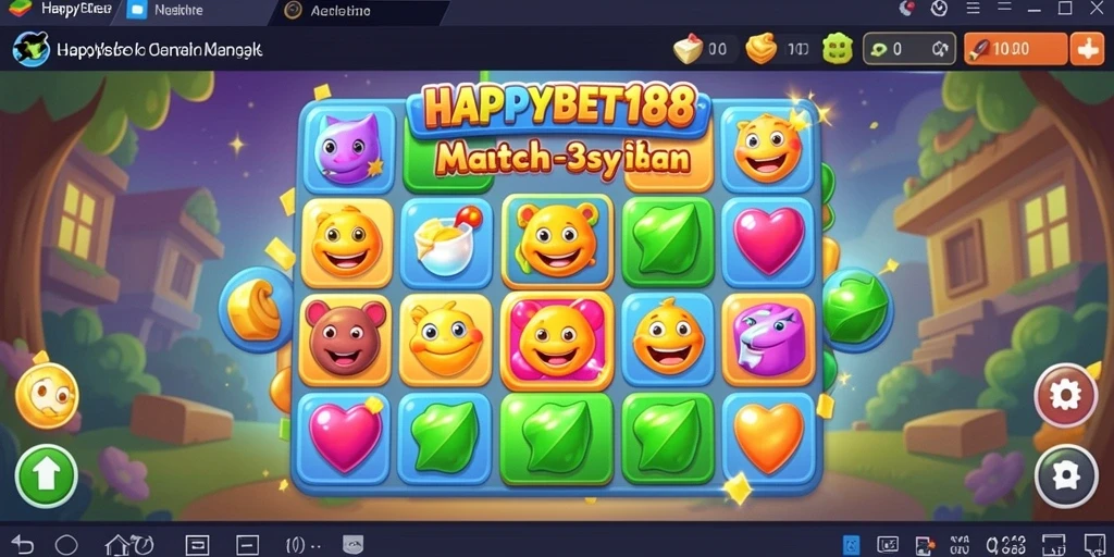 Screenshot gameplay <strong>HAPPYBET188</strong> menunjukkan kombinasi permata yang penuh warna.