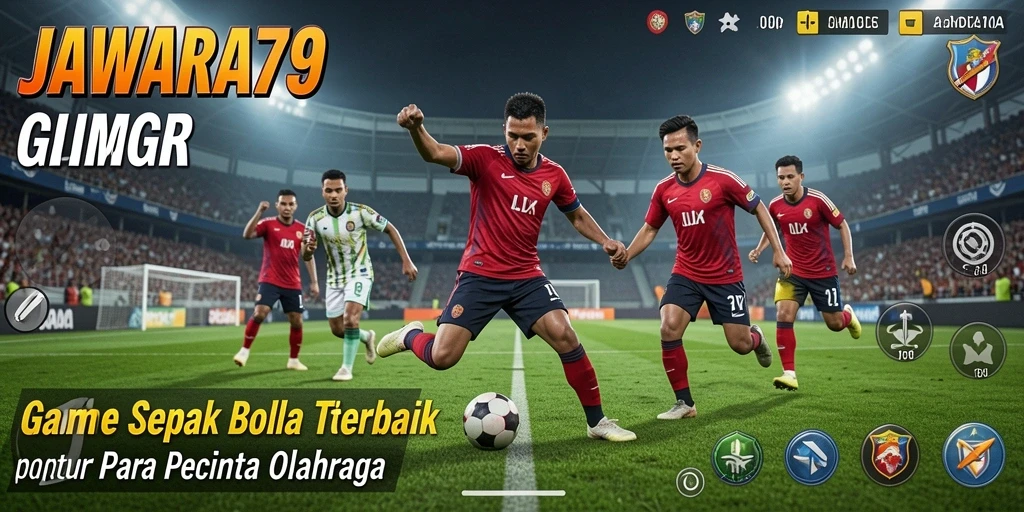 Tampilan gameplay JAWARA79 dengan aksi bola di lapangan.