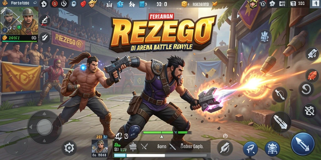Screenshot utama gameplay REZEGO menampilkan pertarungan seru di arena Battle Royale.