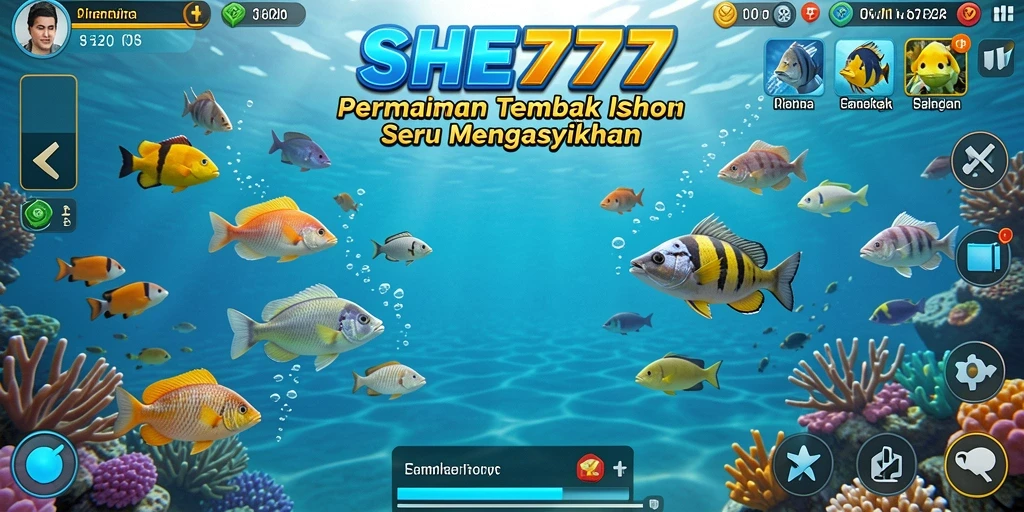 Tangkapan layar gameplay SHE777 menampilkan aksi menembak ikan yang mendebarkan.