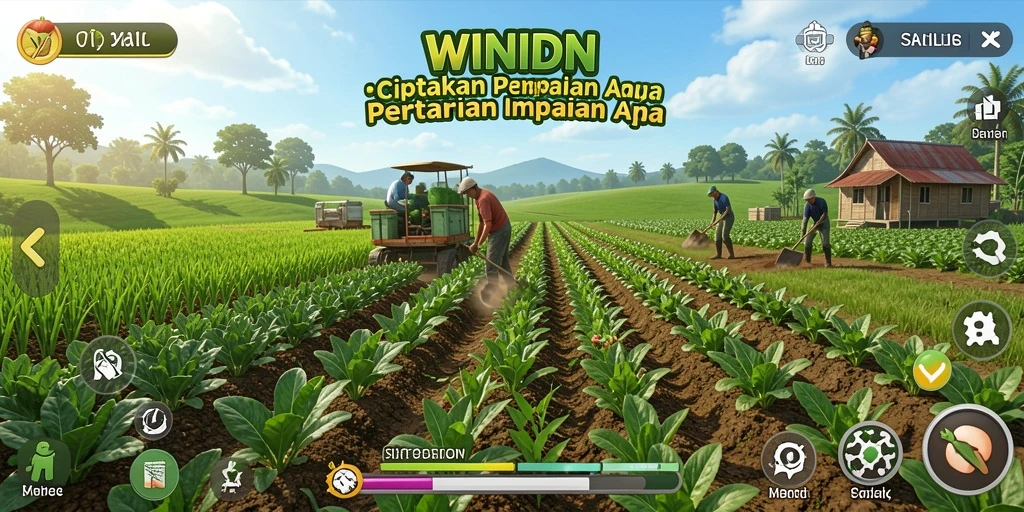 Screenshot gameplay WINIDN yang menampilkan kebun yang subur dan hewan ternak.